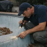 Photo réaliste montrant un expert en réparation inspectant une piscine qui fuit