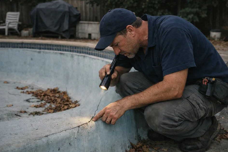 Photo réaliste montrant un expert en réparation inspectant une piscine qui fuit