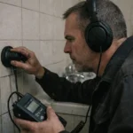 photographie réaliste montrant un plombier examinant un mur pour une recherche de fuite d'eau