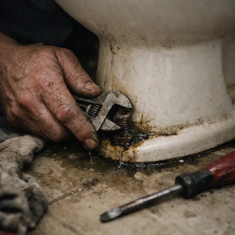 Vue rapprochée des outils nécessaires pour réparer une toilette qui fuit en bas