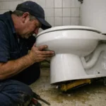 Photo réaliste montrant une fuite d'eau sous une toilette dans une salle de bain moderne