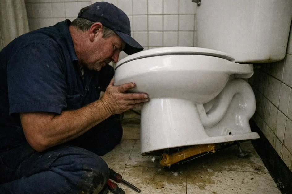 Photo réaliste montrant une fuite d'eau sous une toilette dans une salle de bain moderne