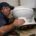 Vue rapprochée d'un WC en céramique avec une fuite d'eau visible au sol
