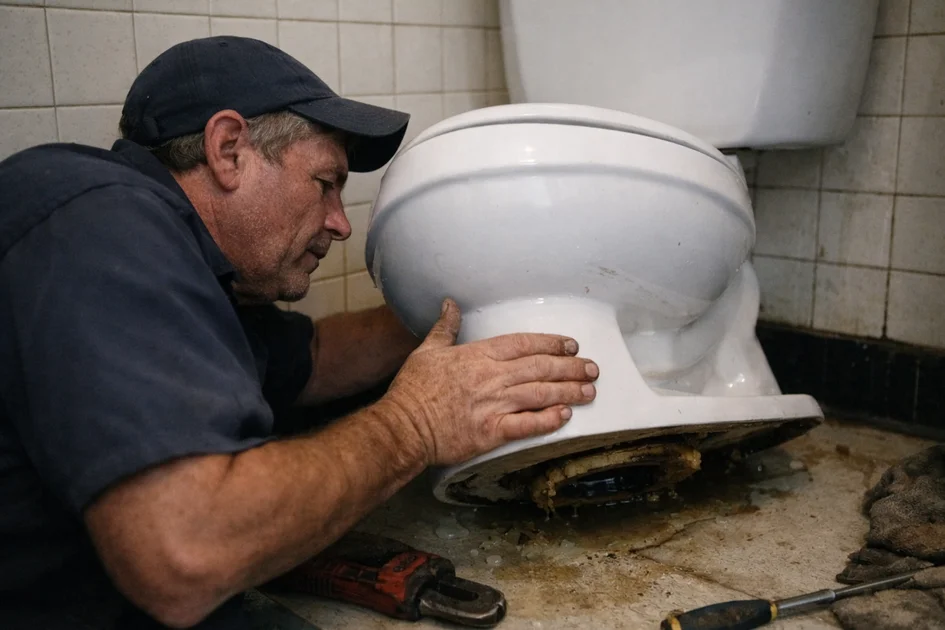 Vue rapprochée d'un WC en céramique avec une fuite d'eau visible au sol