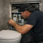Gros plan sur un WC suspendu avec une fuite d'eau visible sur le sol