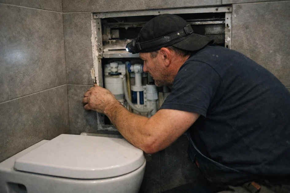 Gros plan sur un WC suspendu avec une fuite d'eau visible sur le sol