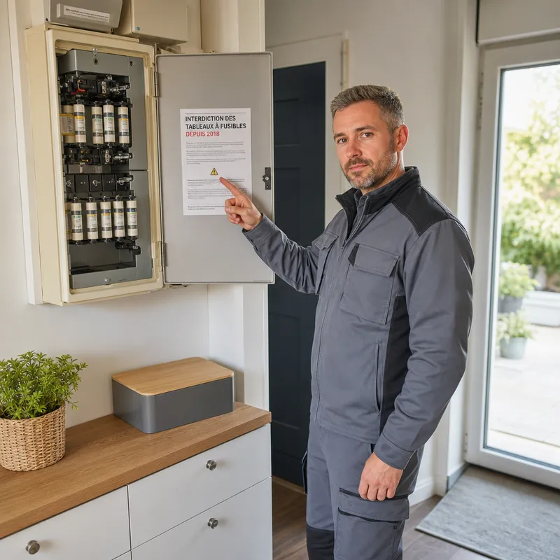 Règle 2018 affichée près d’un tableau électrique à fusibles