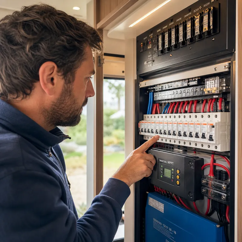 Détail des composants d’un tableau électrique pour fourgon aménagé