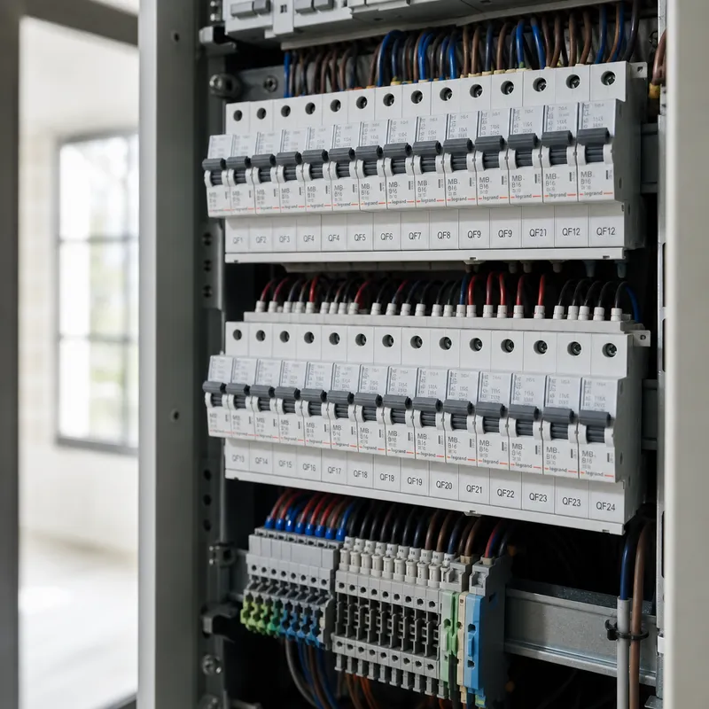 Gros plan sur un tableau électrique divisionnaire avec disjoncteurs étiquetés