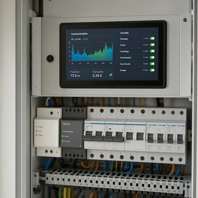 Gros plan sur l’écran numérique d’un tableau électrique connecté