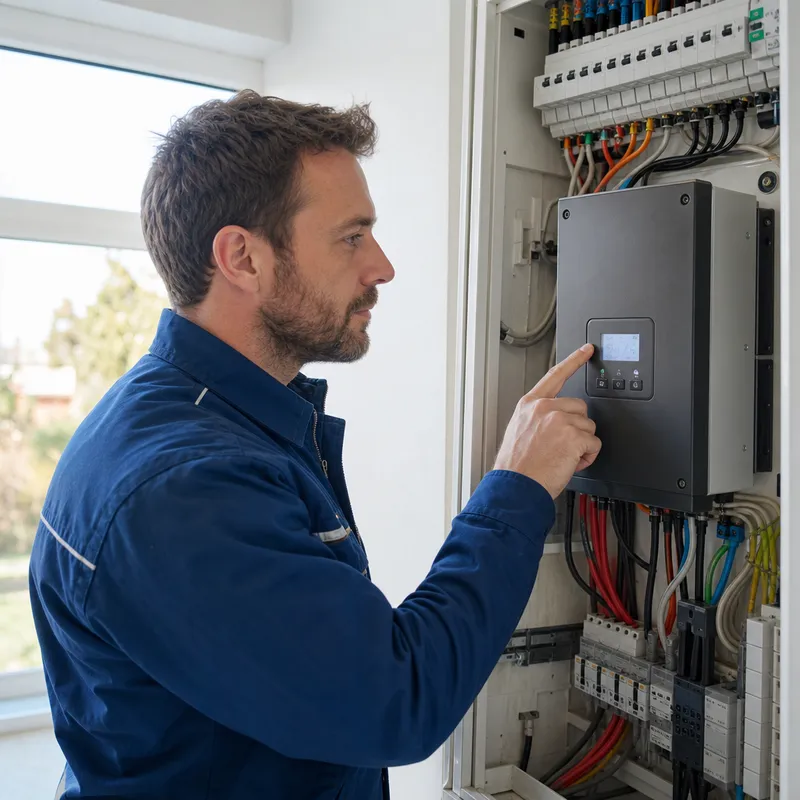Électricien en tenue bleue montrant un onduleur intégré au tableau électrique