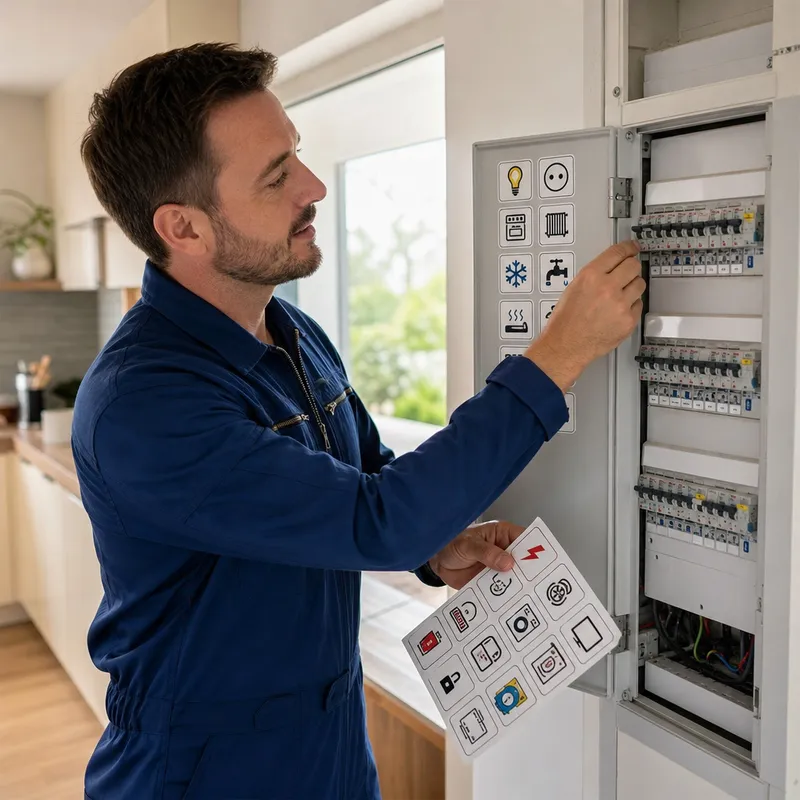 Électricien posant des pictogrammes sur un tableau électrique
