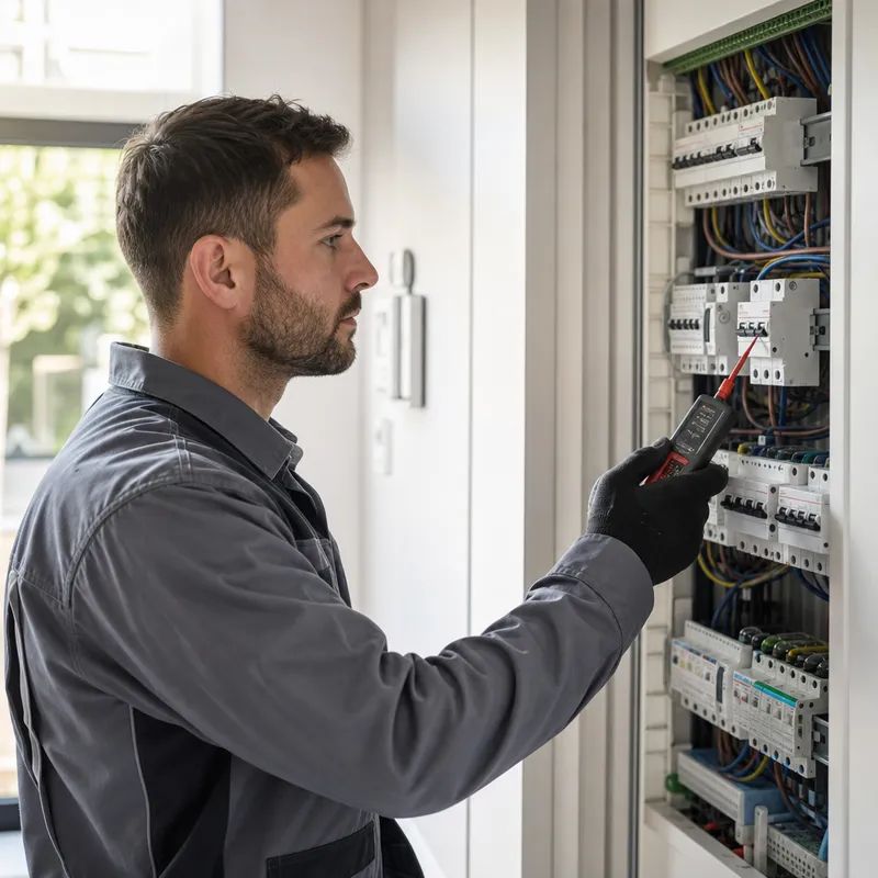 Électricien testant le disjoncteur VMC pour coupure sécurisée