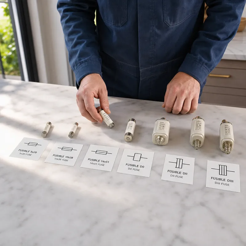 Différents types de fusibles et leurs symboles représentés sur table
