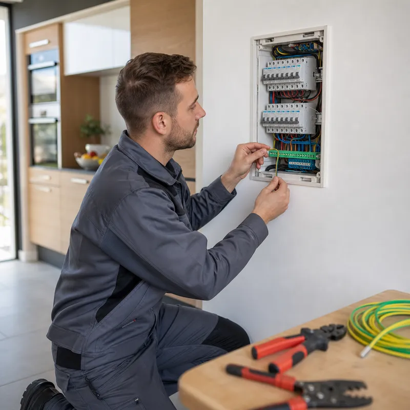 Électricien connectant un fil de terre sur un tableau électrique propre