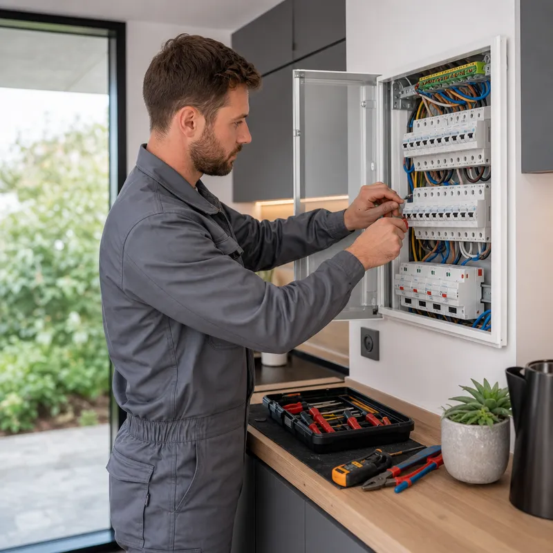 Artisan en train d’installer un tableau électrique divisionnaire dans une cuisine