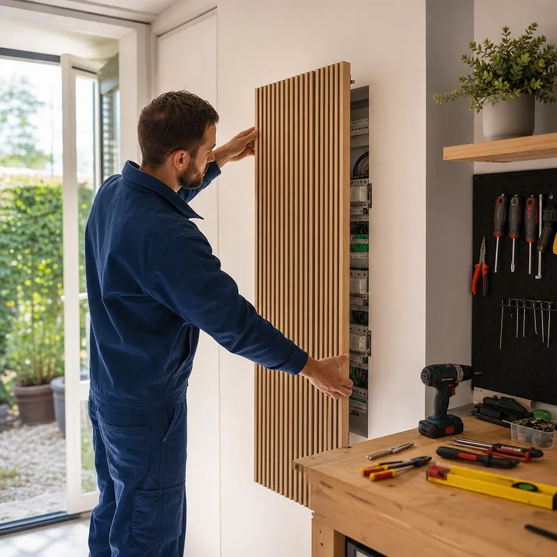 Électricien installant un panneau décoratif pour cacher un tableau électrique