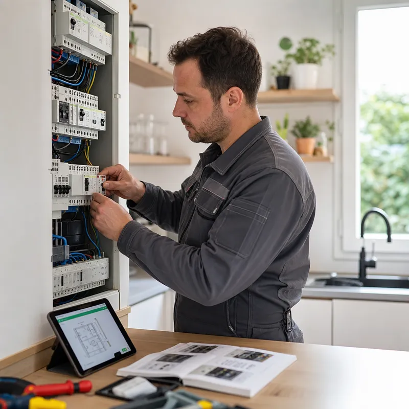 Électricien installant un tableau électrique connecté dans une cuisine