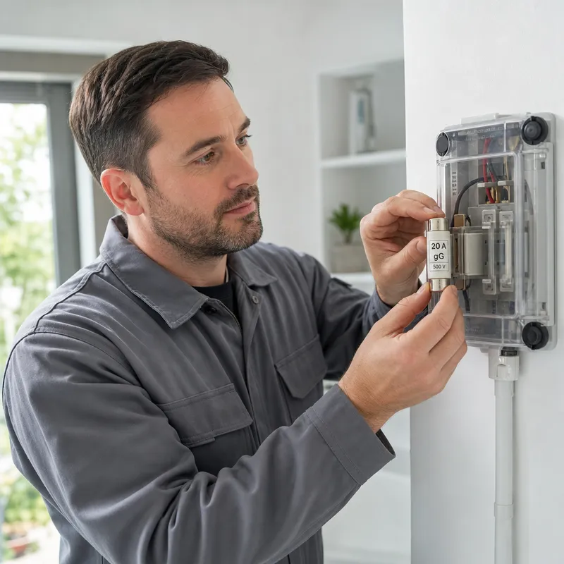 Électricien remplaçant un fusible céramique gG dans un boîtier
