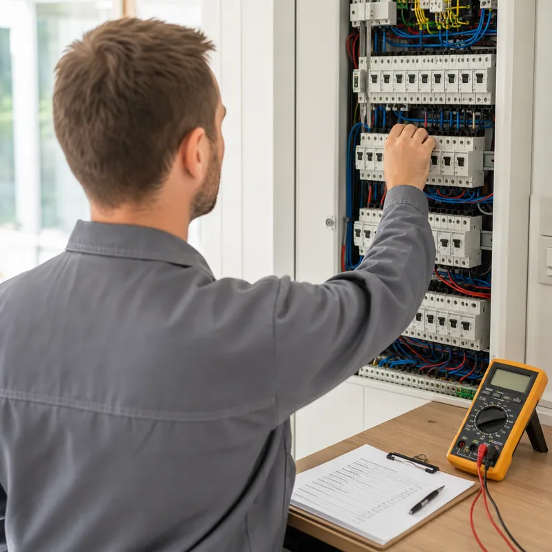 Électricien ajuste disjoncteurs pour équilibrer tableau triphasé