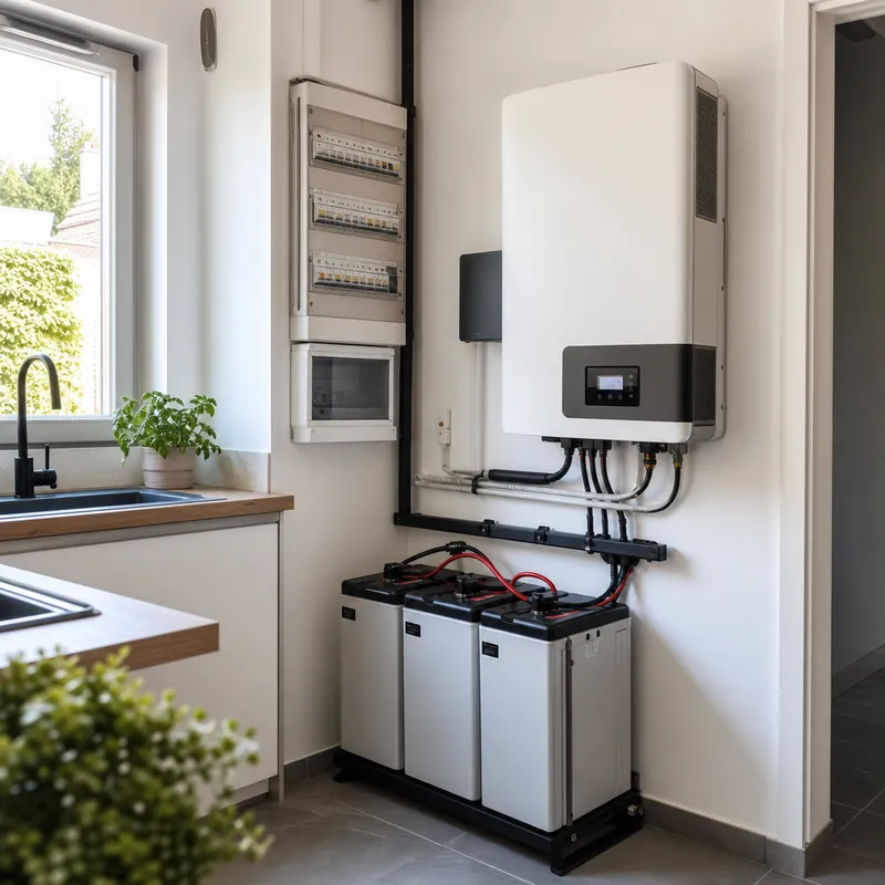 Installation d’un onduleur avec batteries visibles dans un coin cuisine lumineux