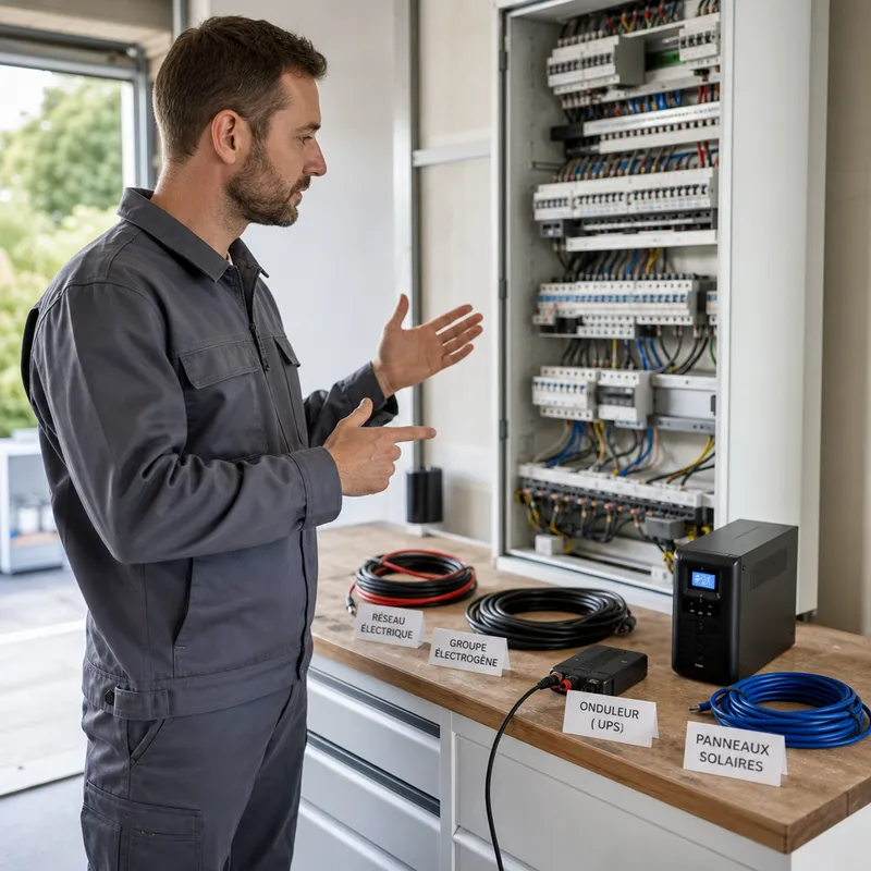 Électricien présente solutions alimentation tableau dans atelier moderne