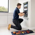 Électricien à genoux câblant un tableau ouvert dans un garage