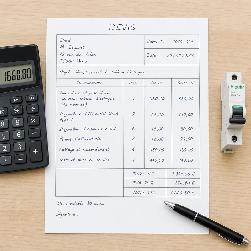 Devis manuscrit de remplacement de tableau avec calculatrice