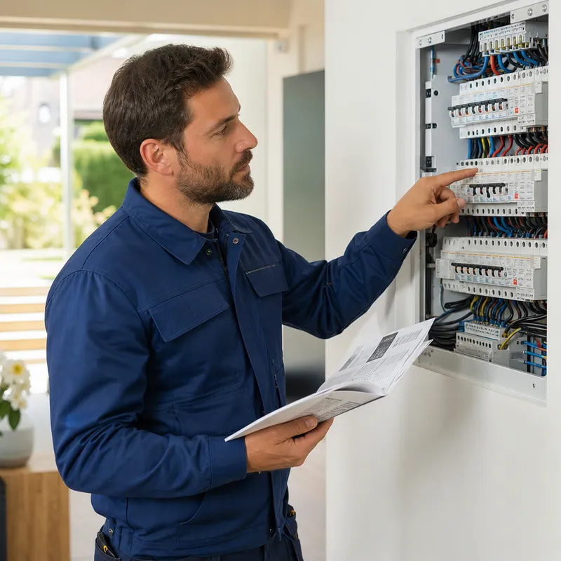 Artisan inspectant un disjoncteur dans un tableau électrique