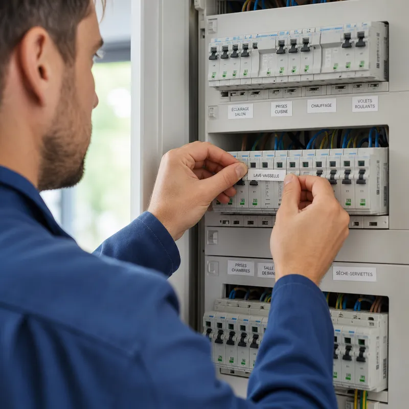 Artisan pose une étiquette sur un disjoncteur de tableau électrique