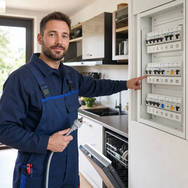 Électricien montre disjoncteur adapté à un lave-vaisselle
