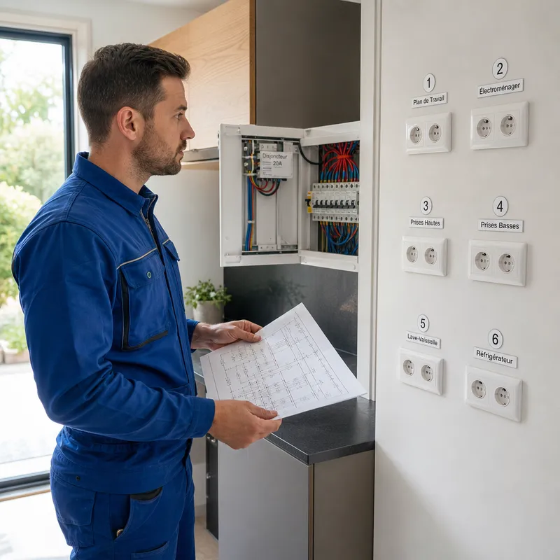 Installation de prises électriques en cuisine avec disjoncteur 20 A
