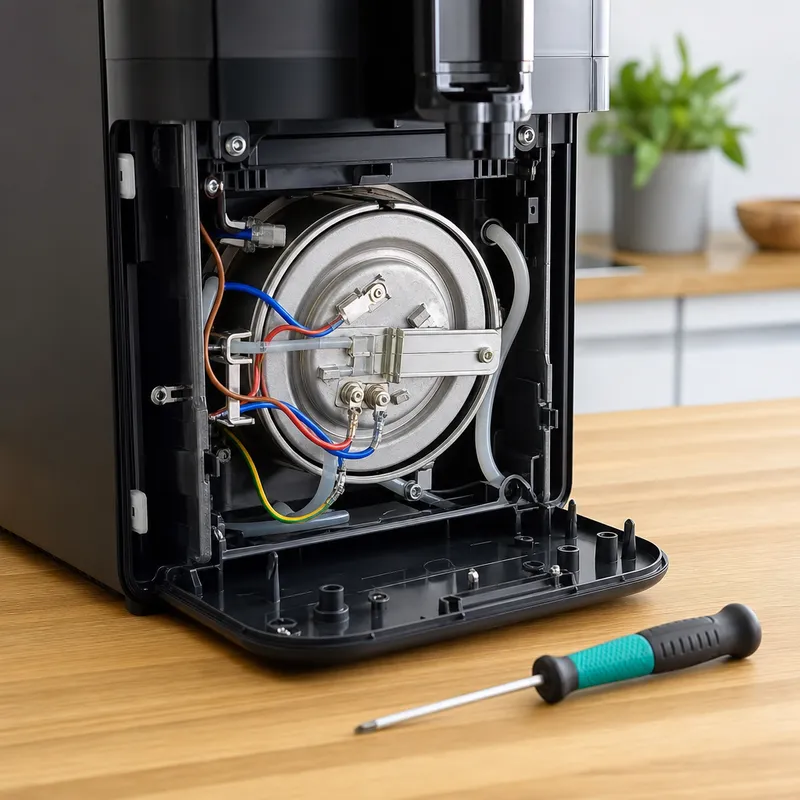 Cafetière démontée laissant voir le fusible thermique interne