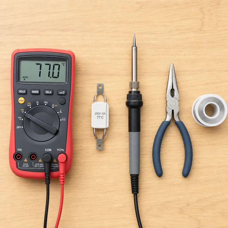 Test d’un fusible thermique au multimètre sur un établi
