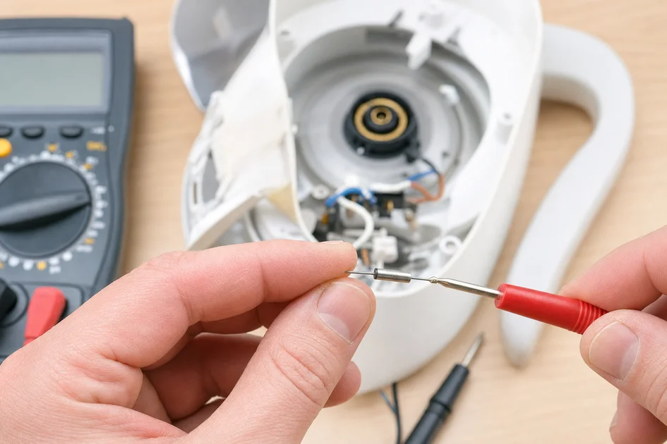 Fusible thermique cylindrique tenu entre les doigts près d’un multimètre