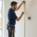 Électricien mesurant la hauteur d’implantation du tableau au mètre