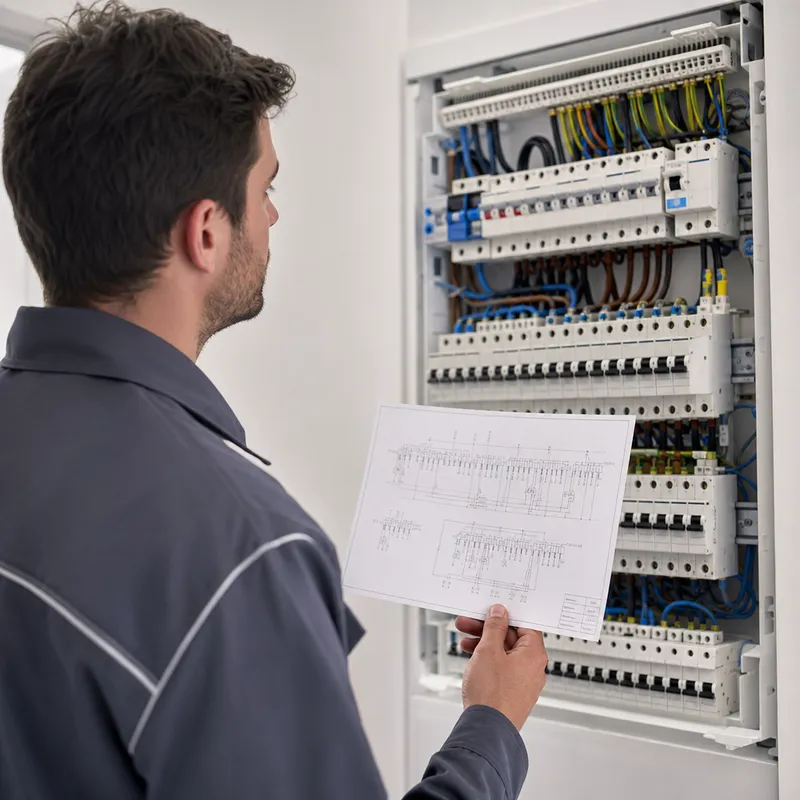 Électricien comparant le schéma papier au tableau réel