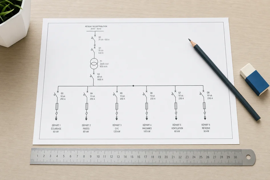 Schéma unifilaire de tableau électrique imprimé avec crayon et règle