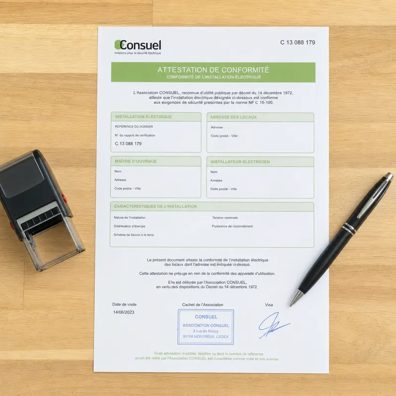 Attestation de conformité Consuel tamponnée sur une table