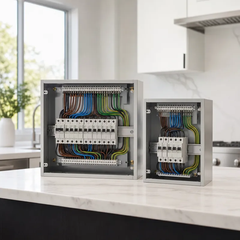 Deux coffrets électriques comparés côte à côte sur un plan de travail