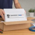 Tableau électrique pré-équipé neuf sorti de son emballage sur un établi