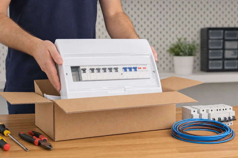 Tableau électrique pré-équipé neuf sorti de son emballage sur un établi