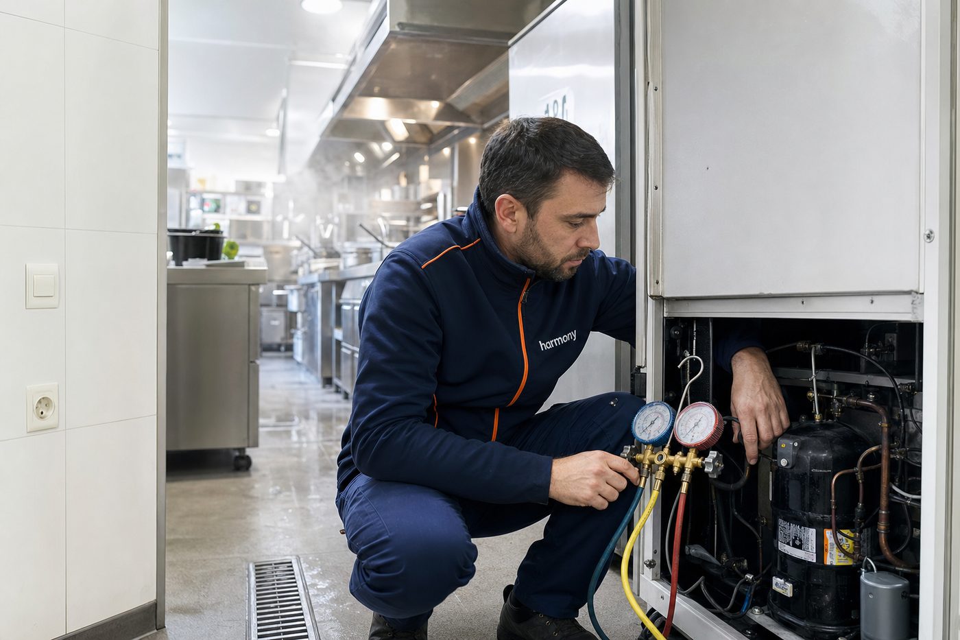 Technicien Harmony réparant une unité de froid dans une cuisine professionnelle