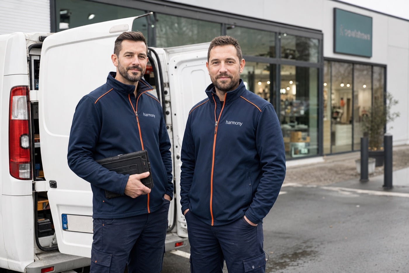 Deux techniciens Harmony devant leur camionnette, en zone commerçante