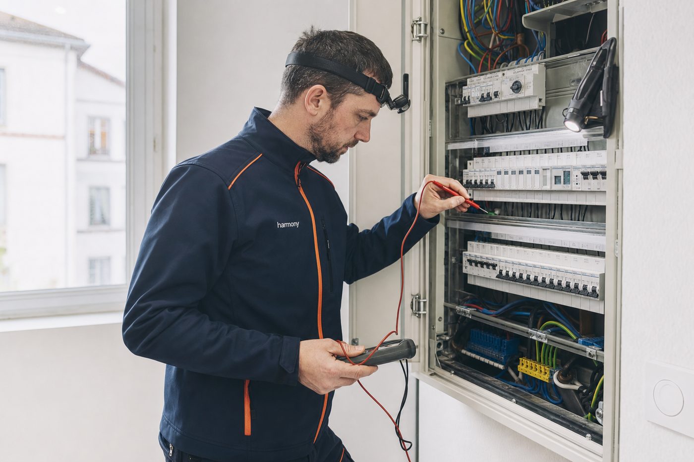 Technicien Harmony contrôlant un tableau électrique au multimètre dans un logement